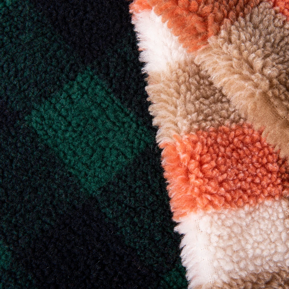 Hot sale 100% polyester plaid design sherpa fleece faux fur fabric for garments , winter jacket ,coat