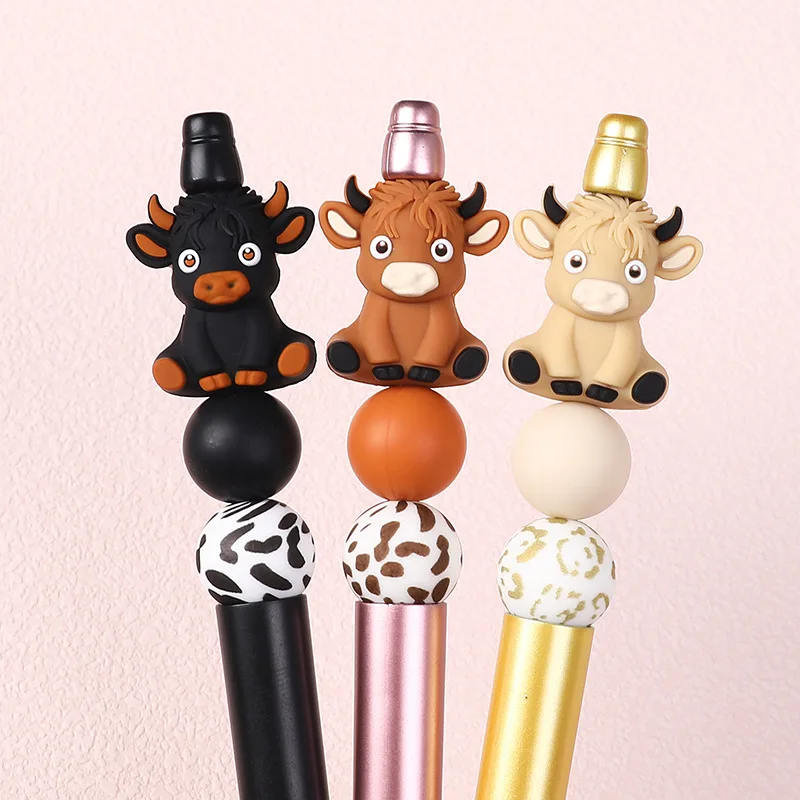 Customized Silicone DIY cute cartoon plastic bead Multiple types highland cow comfortable smooth writing pen for school students