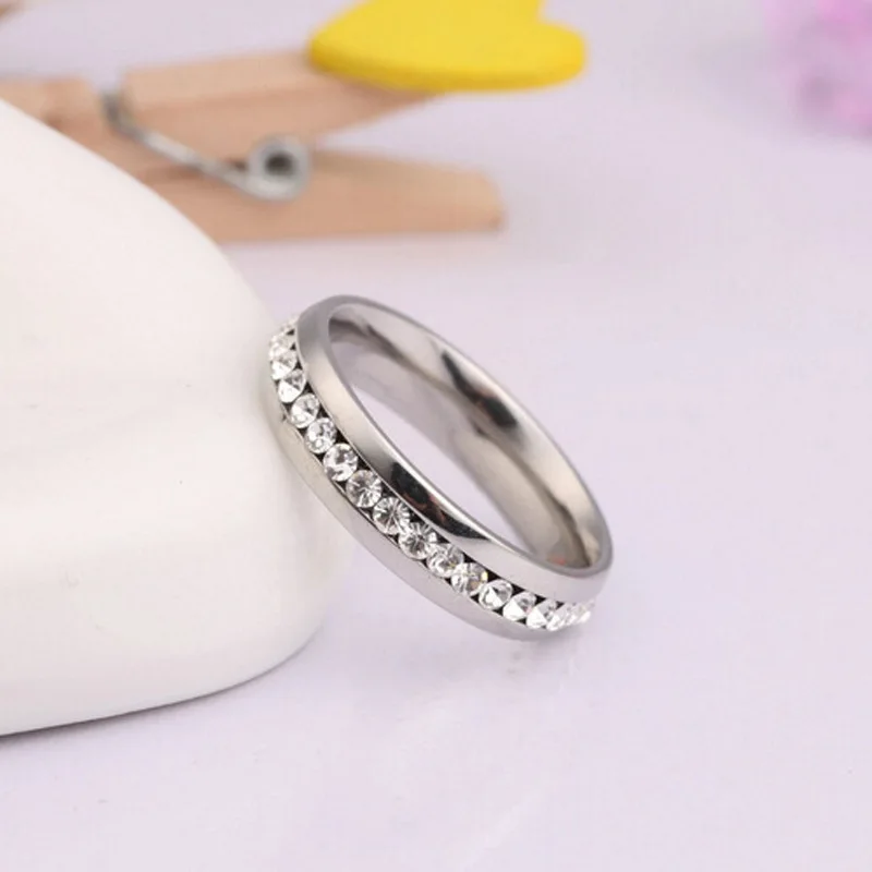 
New Arrival 6mm Platinum Plating Crystal Promise Eternity Band Rings 14K Gold Plating Stainless Steel Zircon Engagement Rings 