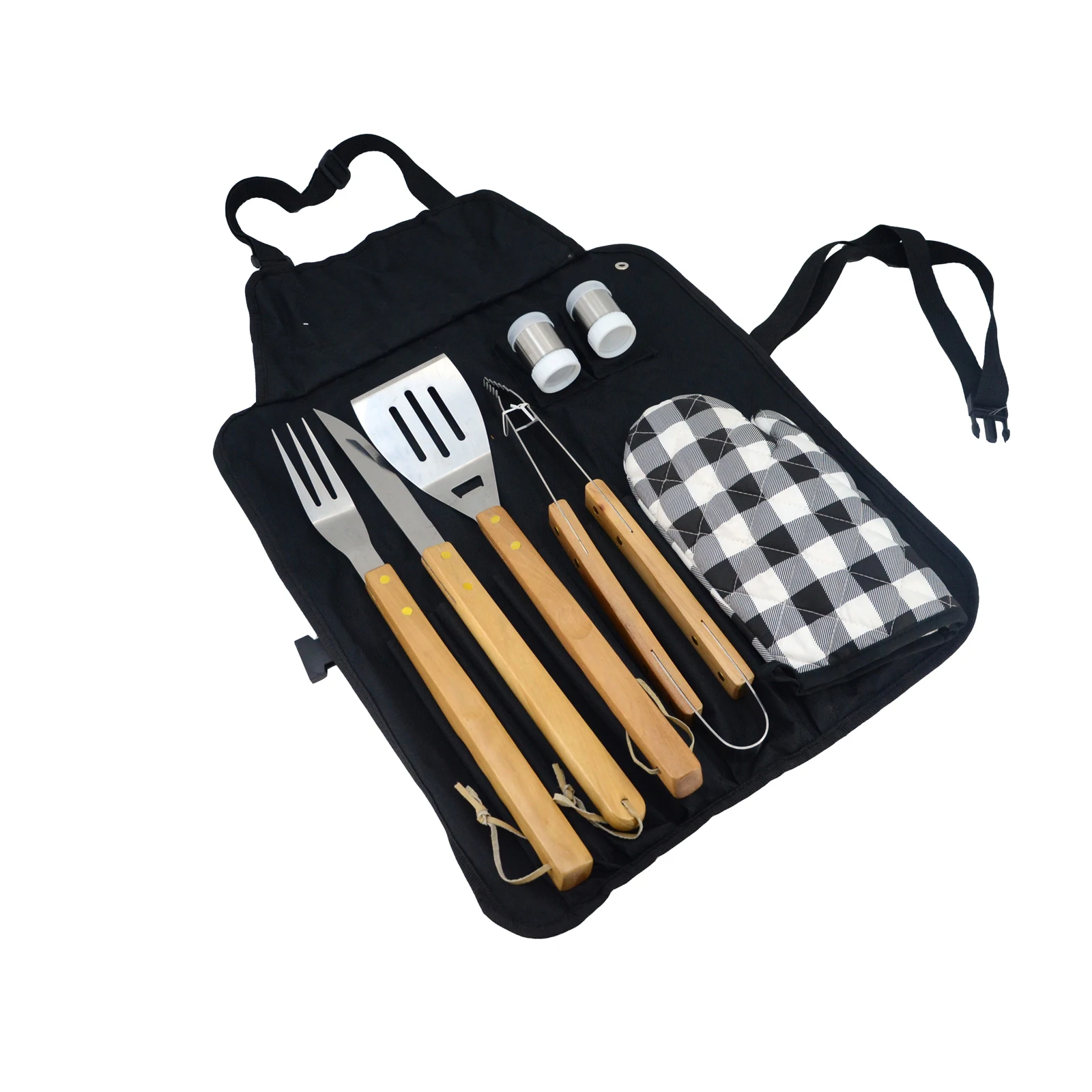 
Hot Sale Outdoor BBQ Tools Set with Apron Bag 7pcs Stainless Steel Barbecue Tool Set with Wooden Handle 