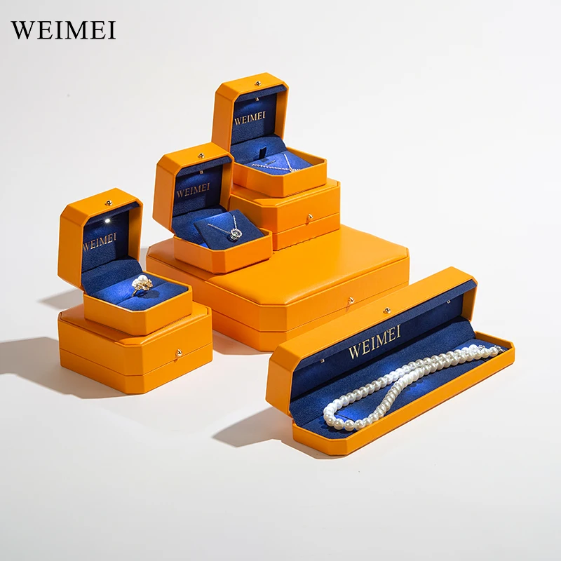 WEIMEI Jewelry Box Factory Luxury octagonal orange pu leather package custom ring earring diamond light jewelry box with light