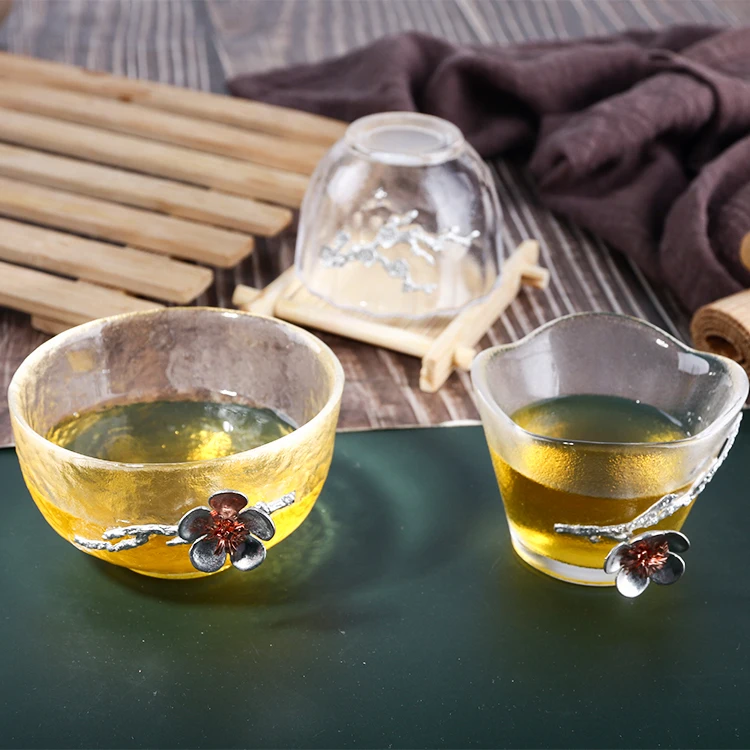 Tin flower design glass tea cups and saucer set drinking glassware with gold rim wholesale
