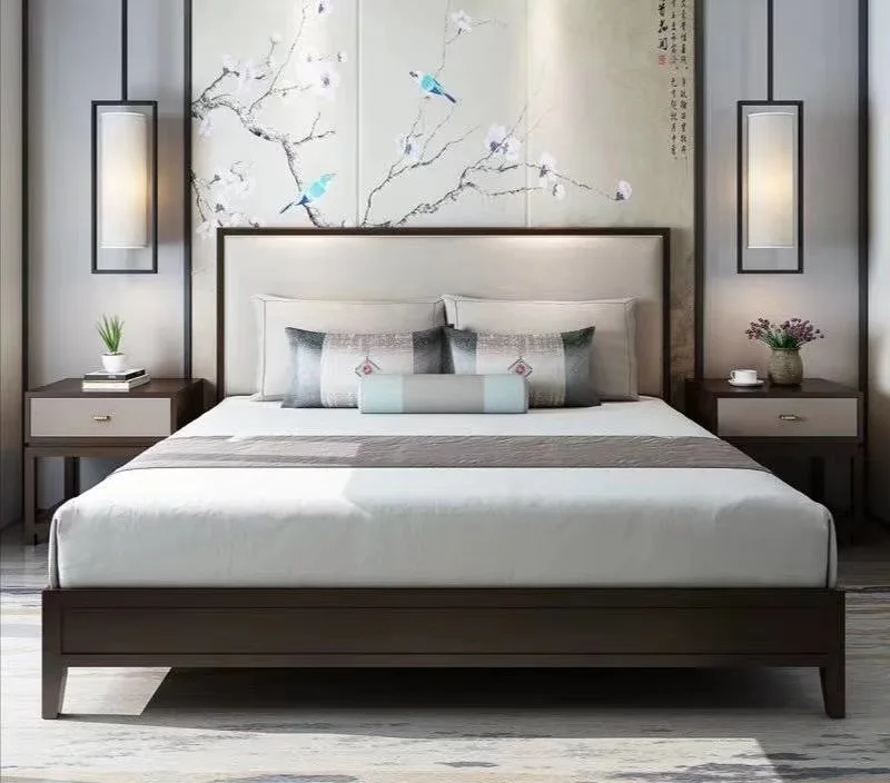 hongye good quality hotel furniture back royal king size buttoned european interior design wooden leather double  bed