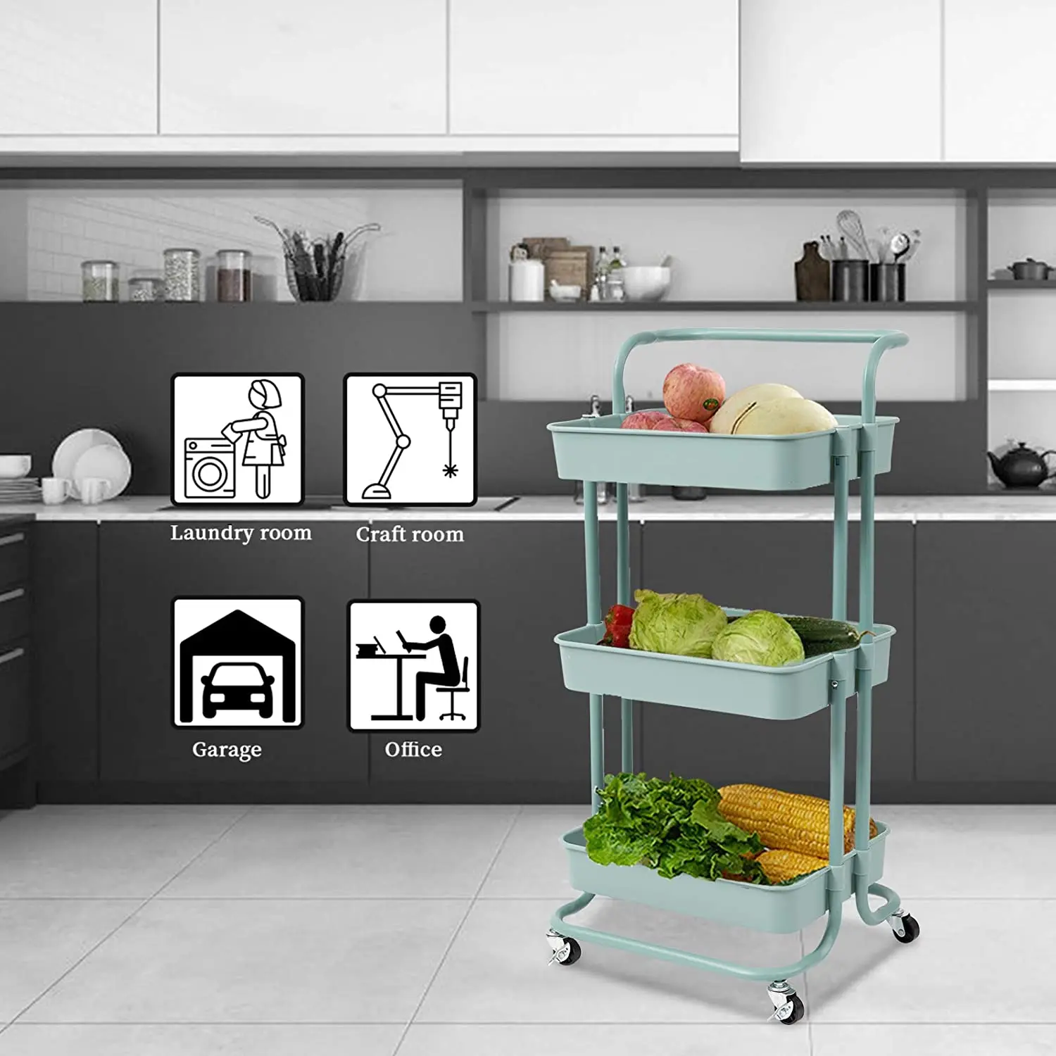 Vonssen 3 Tier Rolling Utility Cart with Wheels for Library