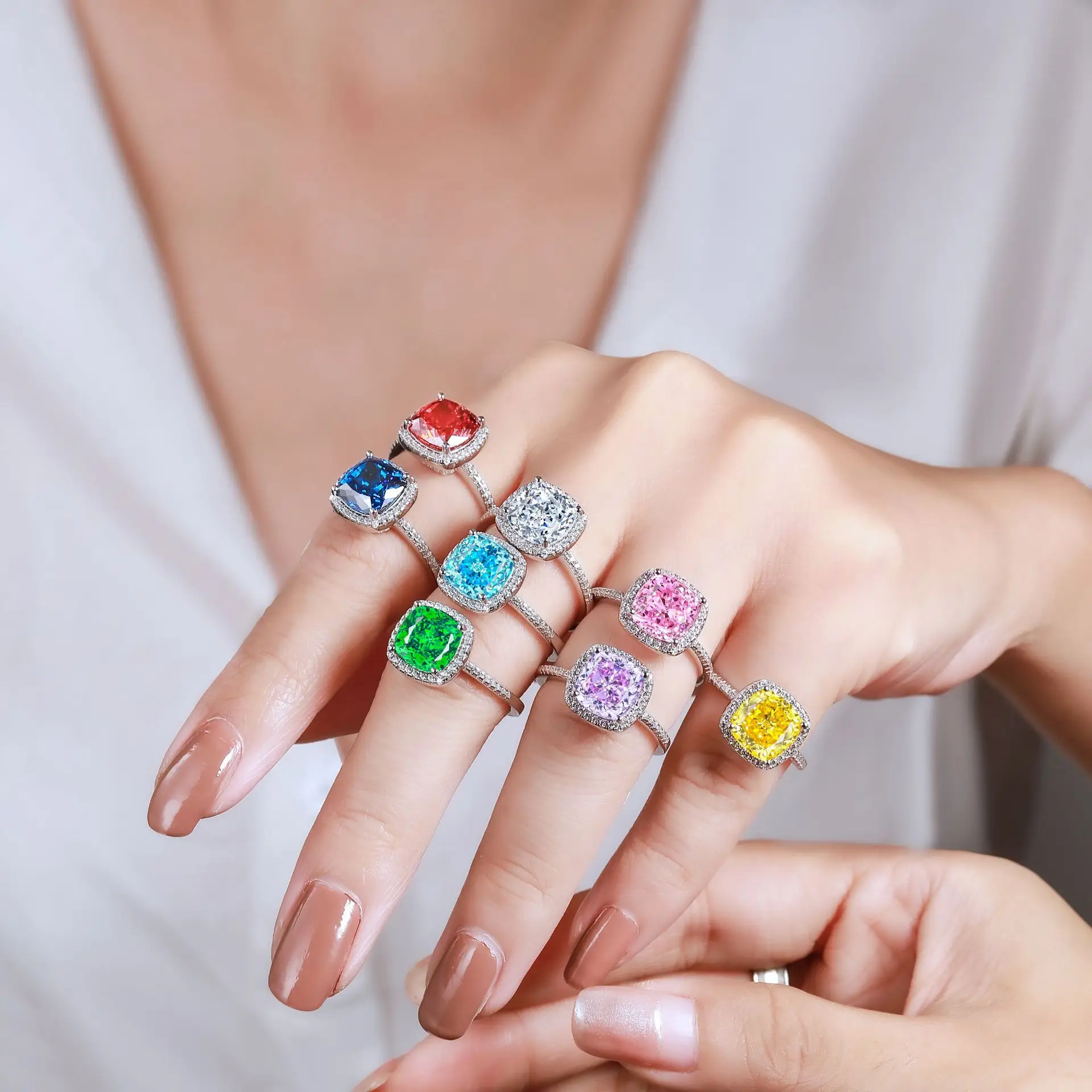 S925 sterling silver color treasure luxury exaggerated Europe and the United States 9*9 flame high-carbon diamond ring for women