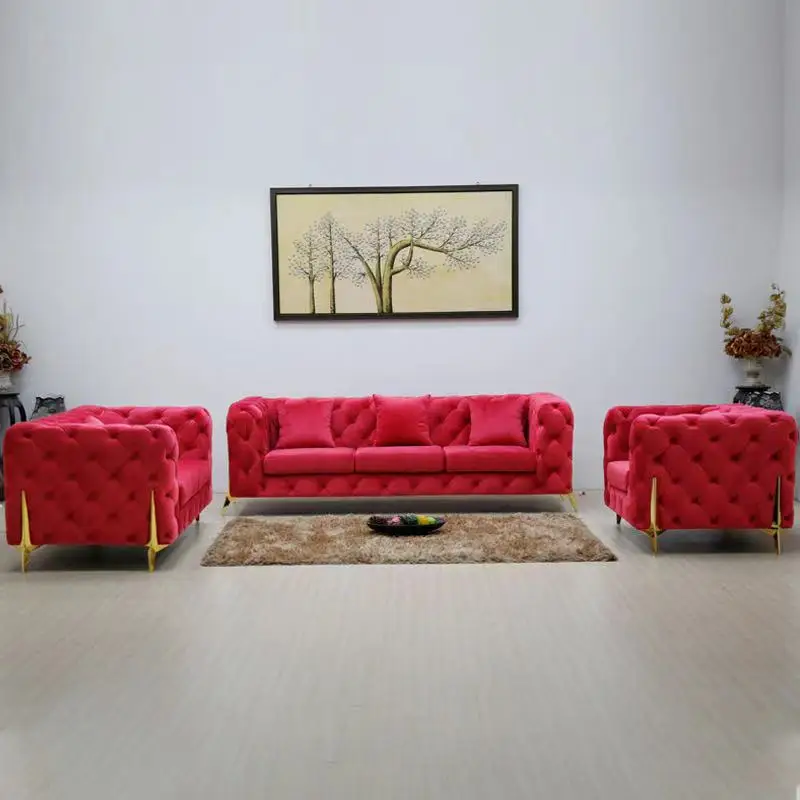 Upholstery Couch Lounge Blue Velvet Chesterfield Living room Sofa With Golden