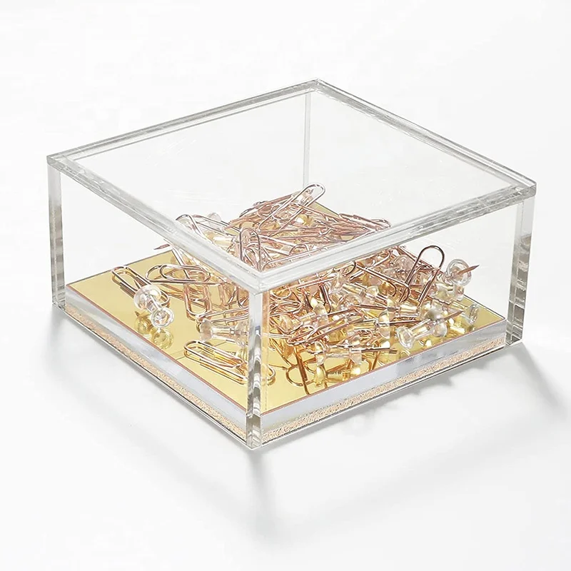 Premium Quality Plexiglass Crystal Lucite Clear Acrylic Jewelry and Cosmetic Storage Boxes with Cork Bottom and Gold Mirror