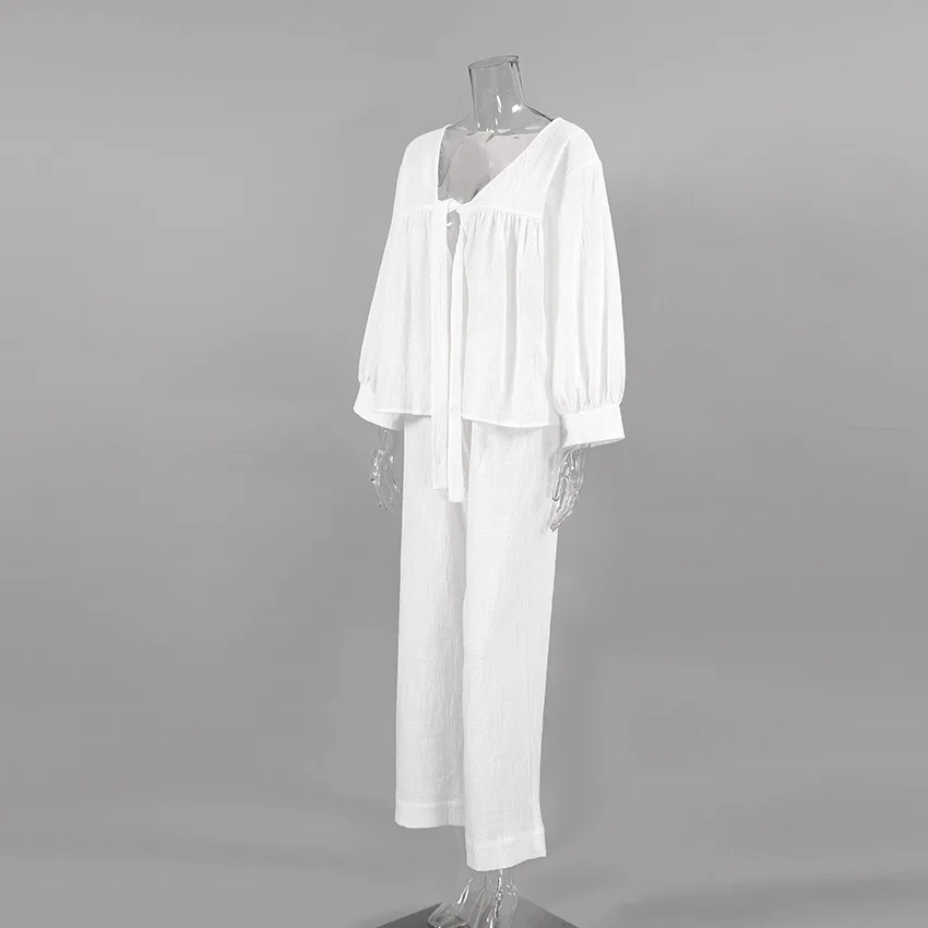 New Double layer Crepe Pajamas Set V-neck French Loose Comfortable Long-sleeved Sleepwear Pure Cotton Home Clothes Set Female