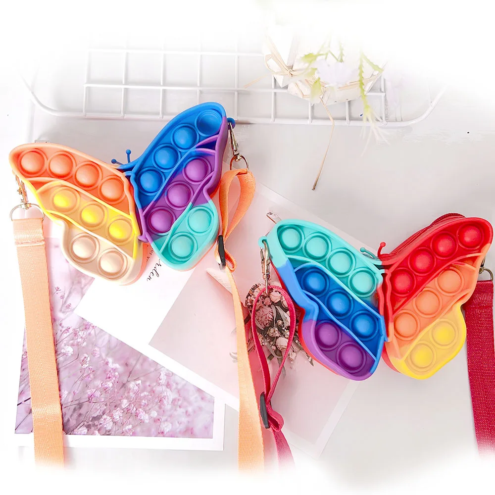 Factory wholesale silicone bubble decompression puzzle butterfly coin pouch shoulder bag with strap girls pop fidget toys purse
