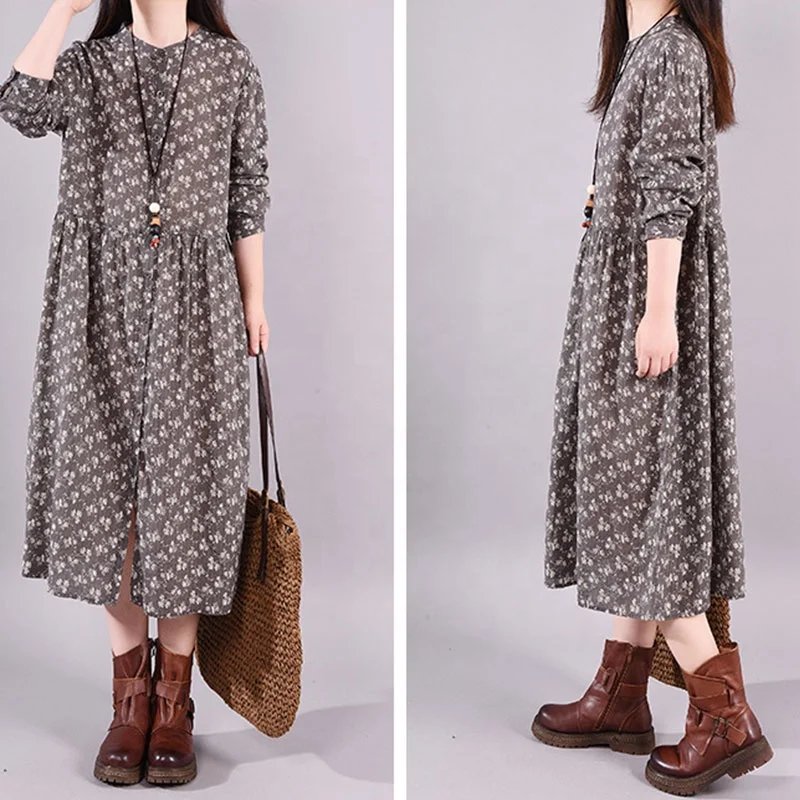 2020 Wholesale casual printed skirt stand collar fashion long sleeve plus size women dress