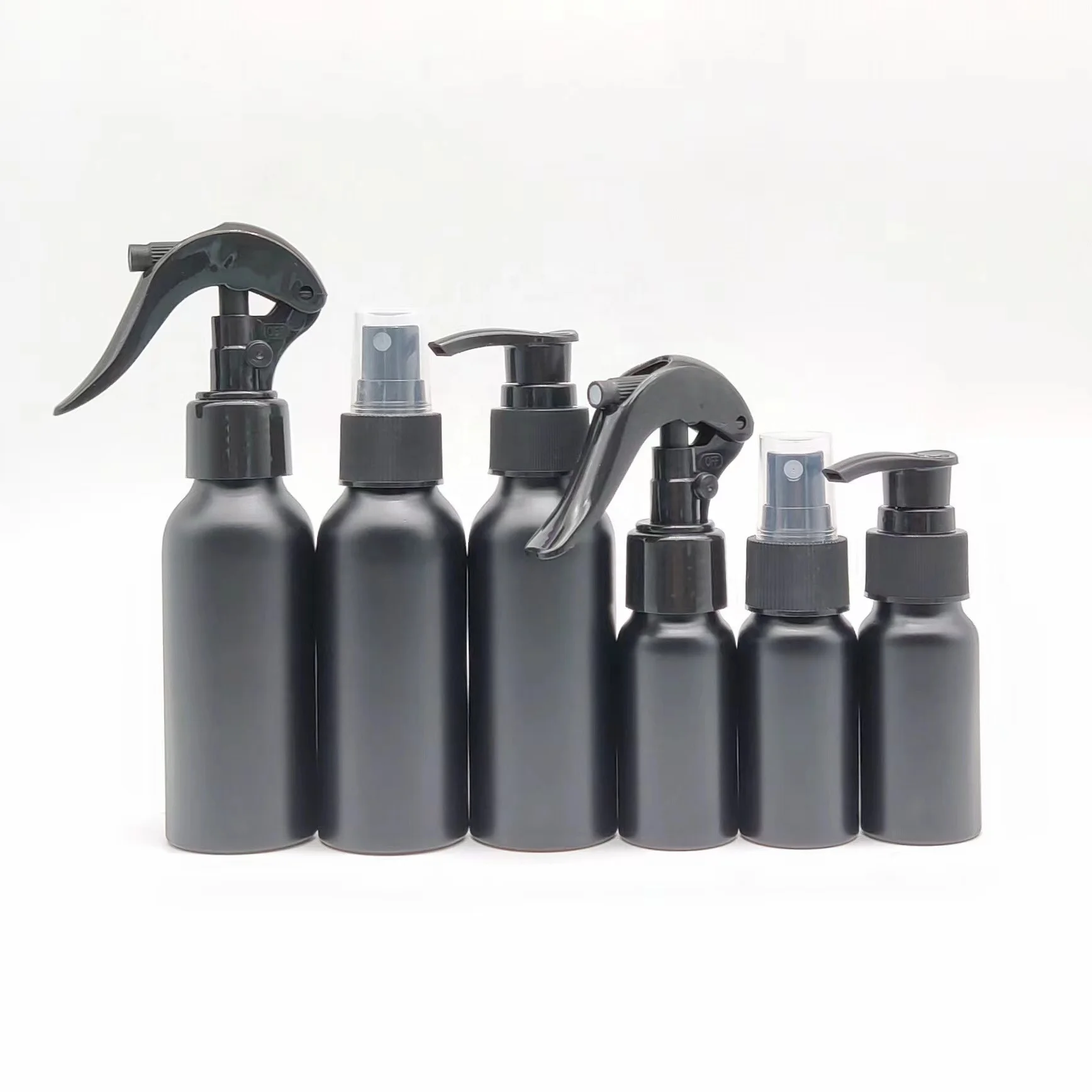 Custom empty can 50ml 100 200ml 500ml 750ml matte black aluminum spray pump bottle for toner shampoo E-better