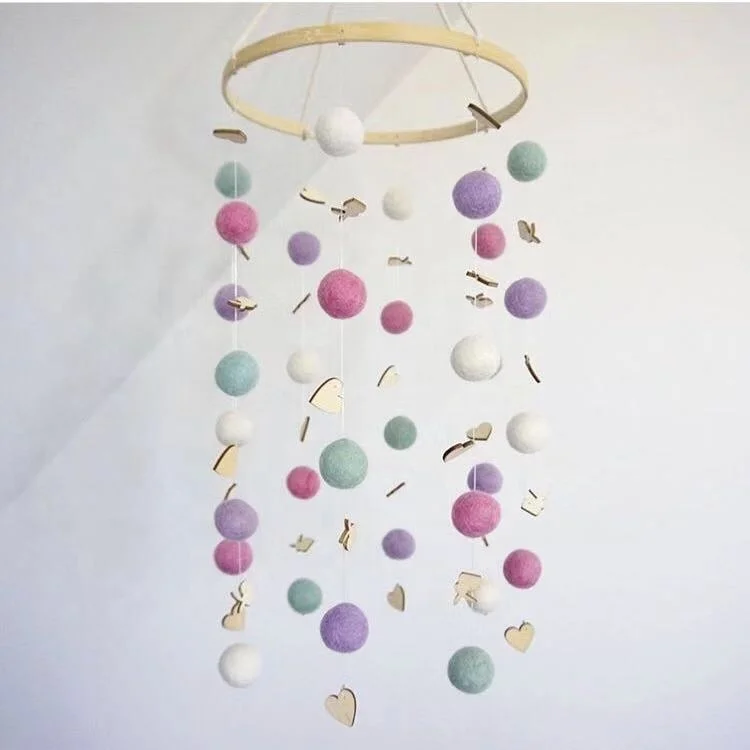 Nursery Rainbow Creative Pendant Toy Baby Wooden Felt Ball Crib Bed Bell Rattle Toys Hanging Mobile for Bed Room