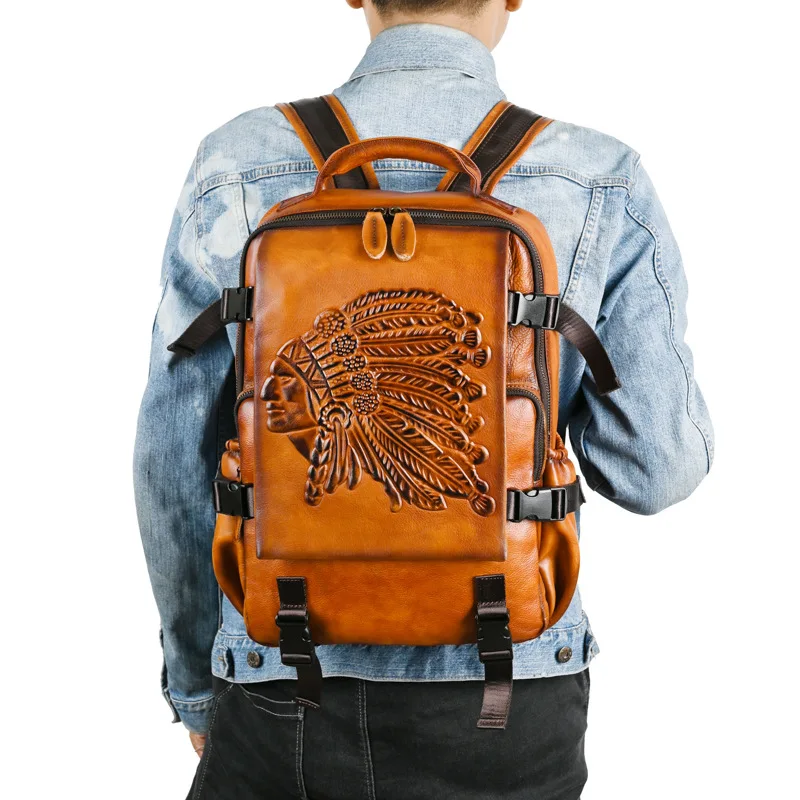 Men Casual Vintage Cow Bull Full Grain Genuine Crazy Horse Leather Travel Backpack Bag
