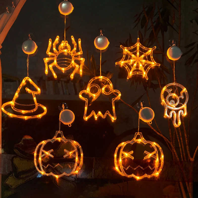 Battery Operated Suction Cup Pumpkin Spider Web Hat Bat Halloween Decorations Window Lights Home Festival Hanging Lights Lamps