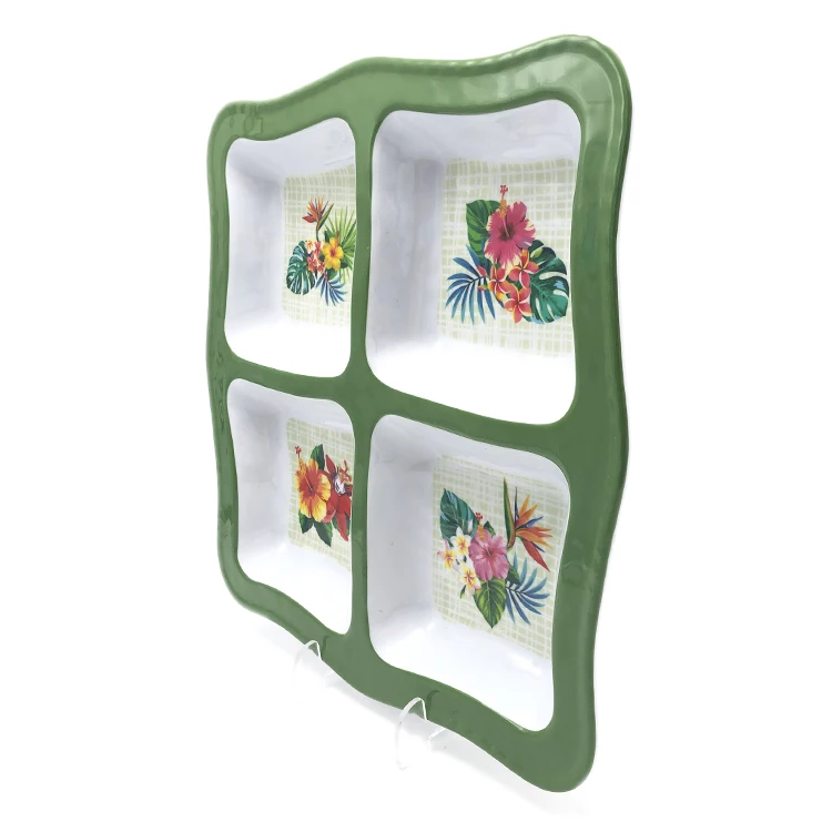 2021 Hot 4 Compartment Flower Design Divided Melamine Plastic Chip Dip Party Snack Serving Plates Platter