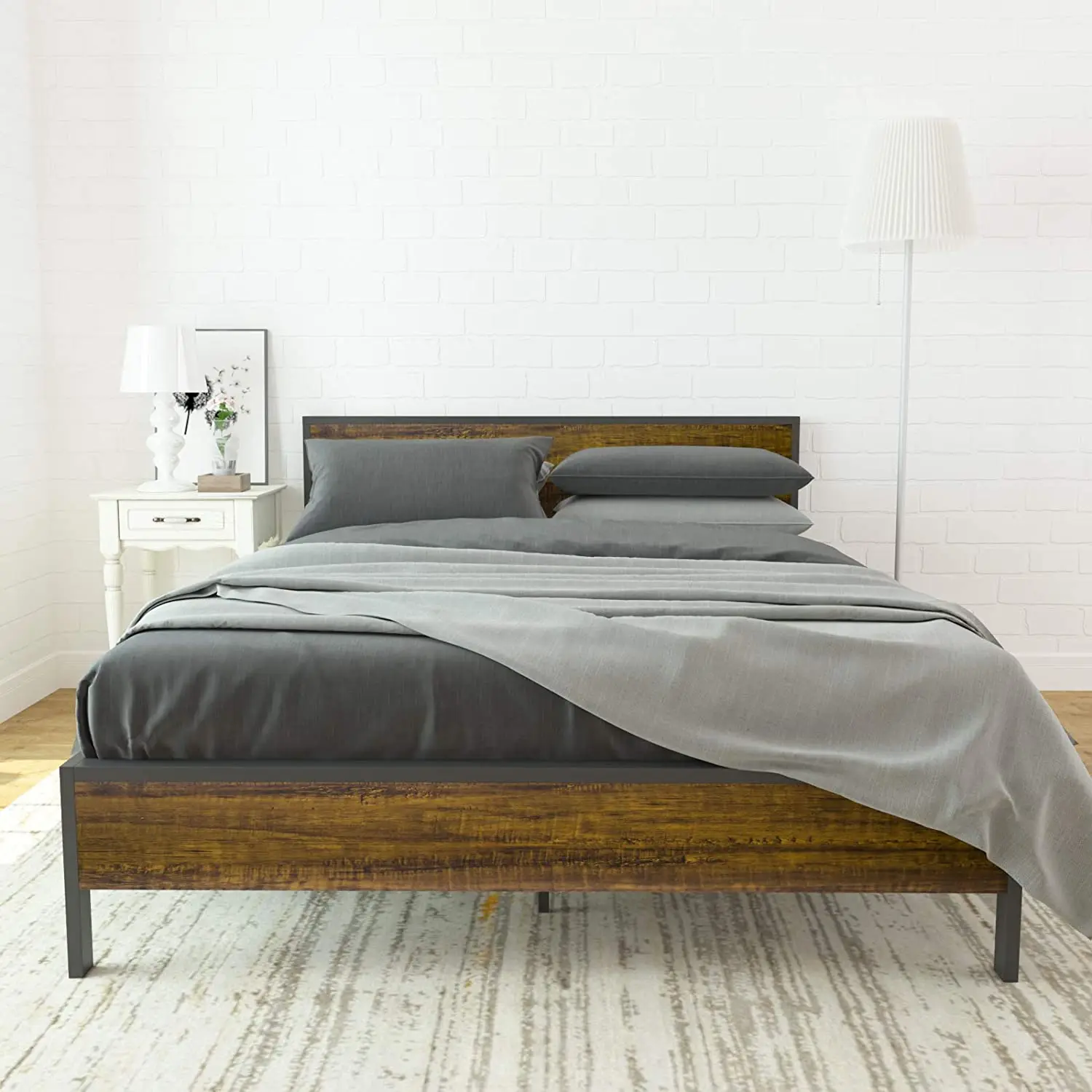 Industrial Bedroom furniture metal frame and wood board modern style bed with wooden headboard
