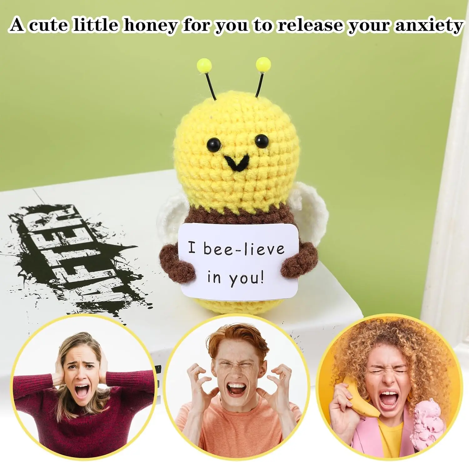 4 Inch Positive Bee Crochet Cute Wool Funny Knitted Positive Bee I Bee-lieve in You Doll Gifts for Birthday Friends Part