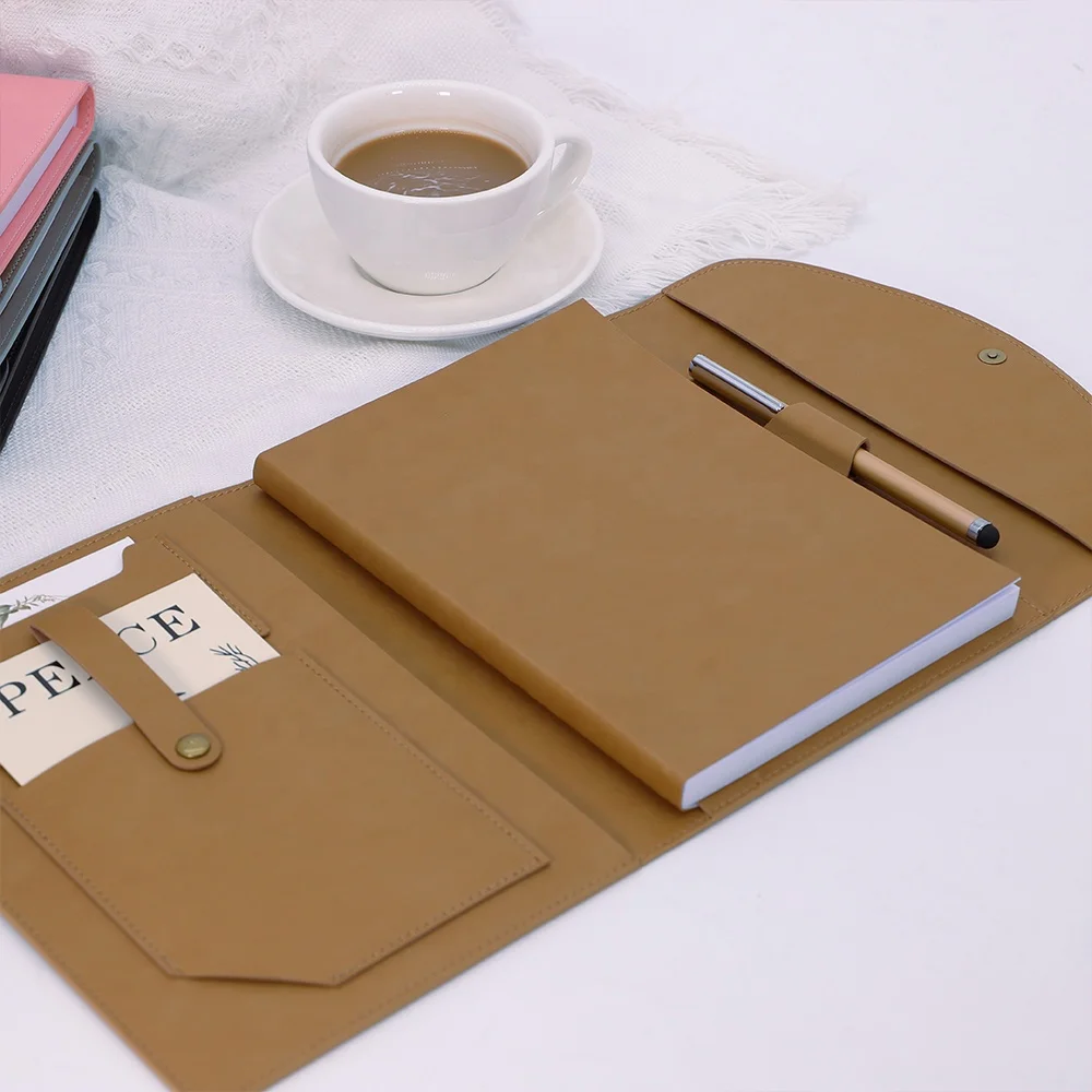 Custom PU Leather Handbag Notebook Tri- Folder Paper-bound Metal Clasp Closure Planner
