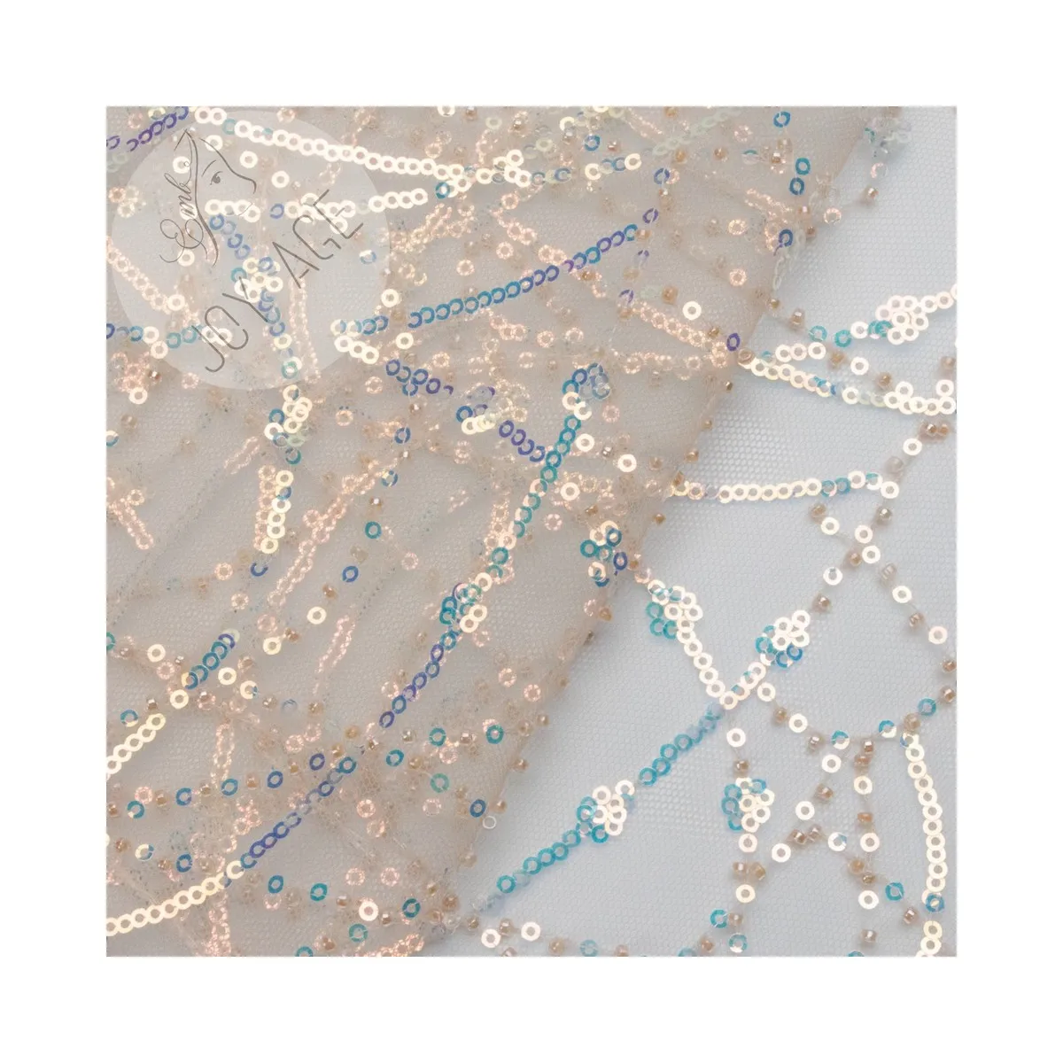 Polyester 9mm Embroidery Transparent Sequins Net Mesh Tulle Lace Stripes Wed Dress Fabric With Beads