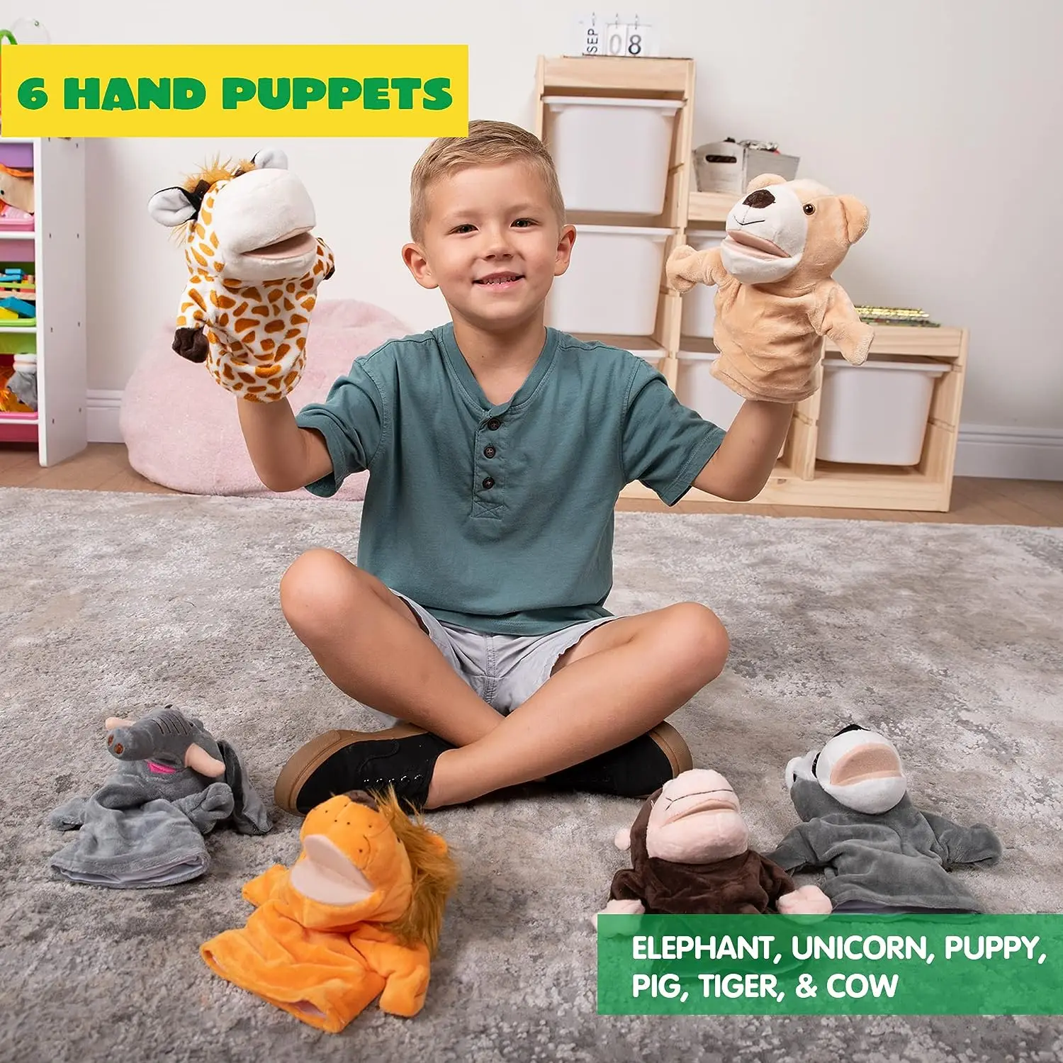6Pcs Kids Hand Puppet Set with Working Mouth Toddler Animal Plush Toy for Show Theater