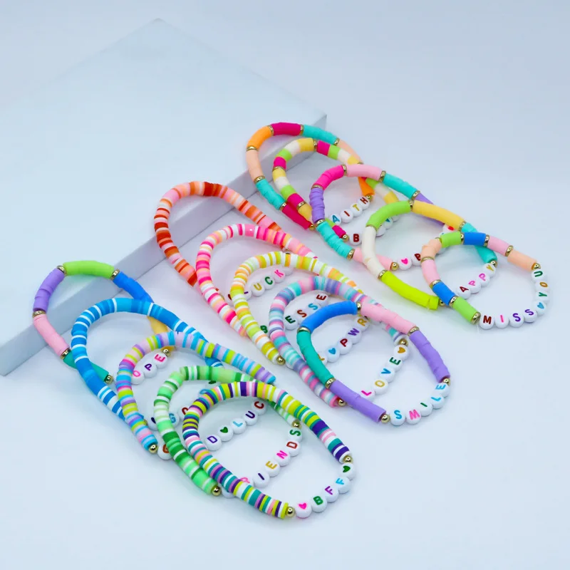 custom Boho polymer clay beads motivational Love Blessed name words stretch Initials bracelet for women