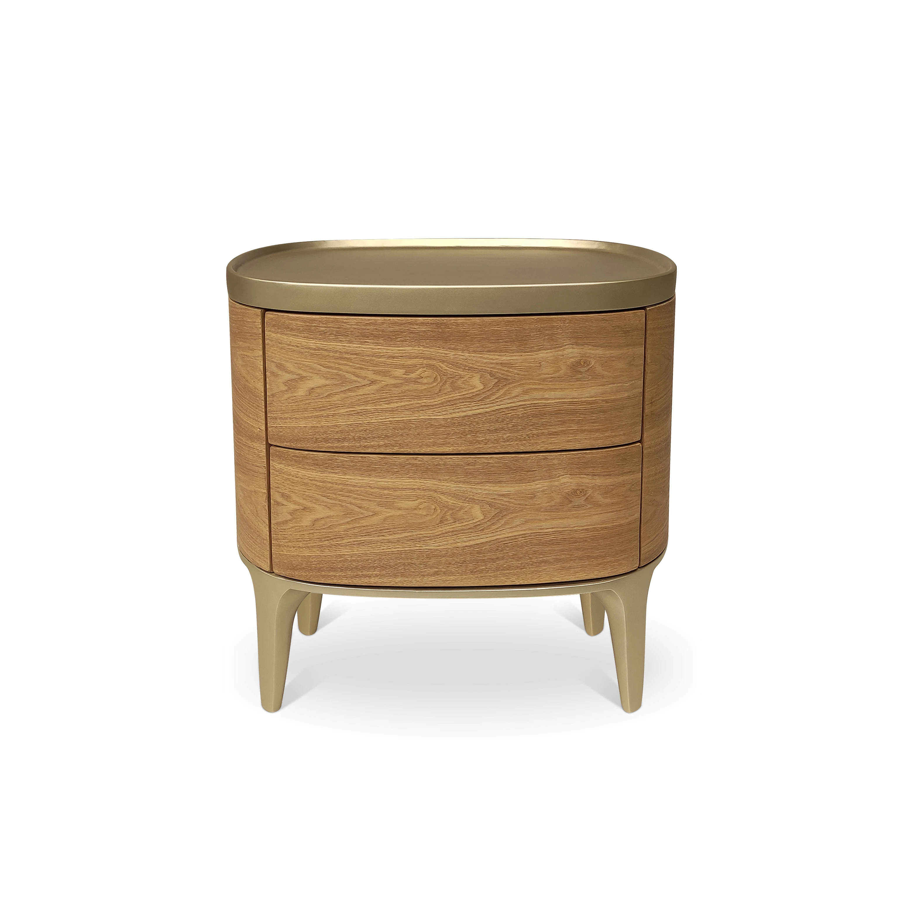 Contemporary Nordic Modern Bedroom Night Stand Ash Verneered Double Drawers Wooden Gold Beside Table