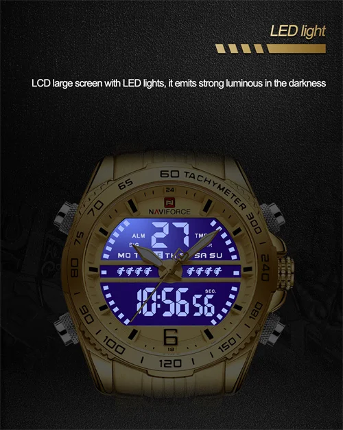 NAVIFORCE 9195 GGG Luxury Quartz Analog Stainless Steel Mans Watches LCD Digital Waterproof Chronograph Watches man wrist Male