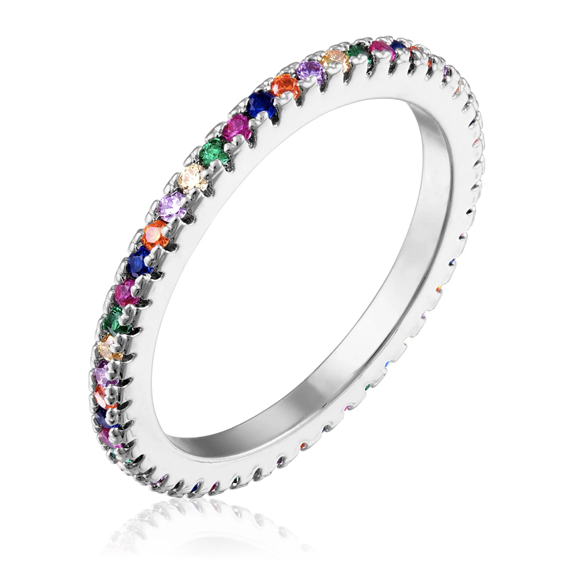 
Newest Design 18K White Gold Plated Rainbow Cubic Zirconia Stackable Sterling Silver Ring for Women 