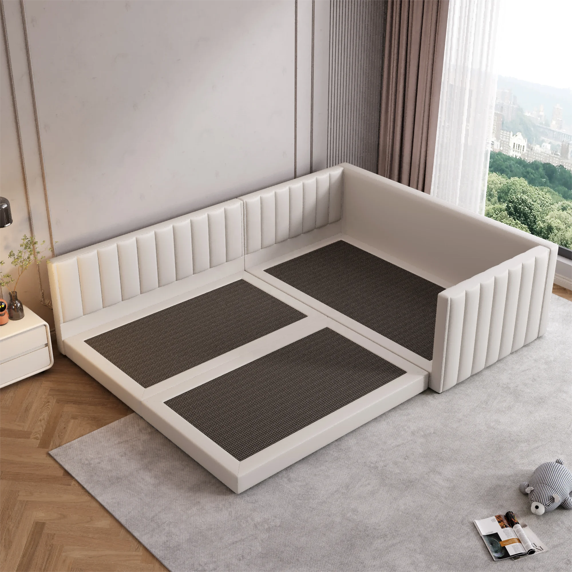 Genuine Leather Up-holstered Beds Customized King Size Adults Double Bed Frame Children Full Stitching Bedding Set