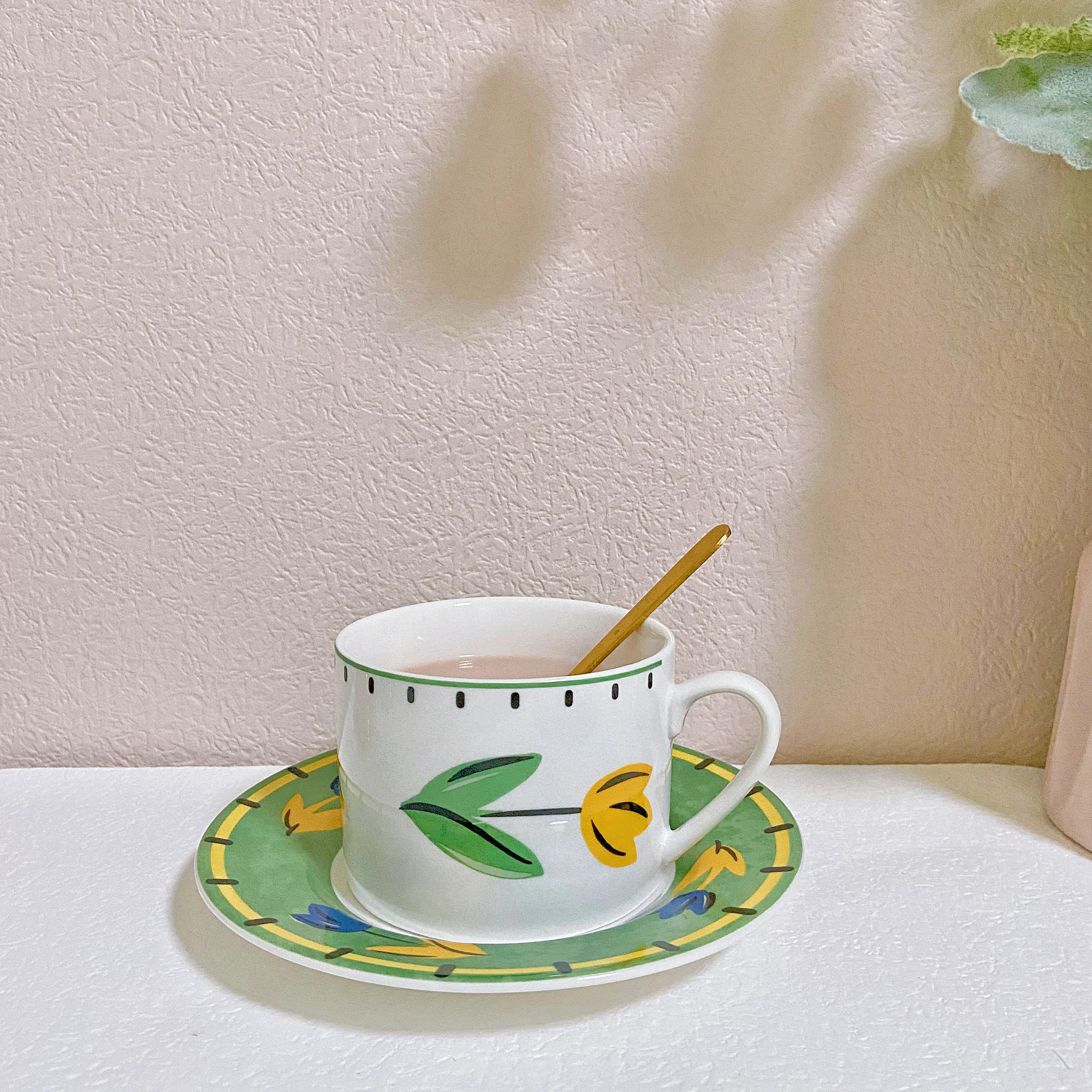 Vintage Handpainted Drawn Tulips Porcelain Tumbler Ceramic Coffee Tea Cup and Saucer
