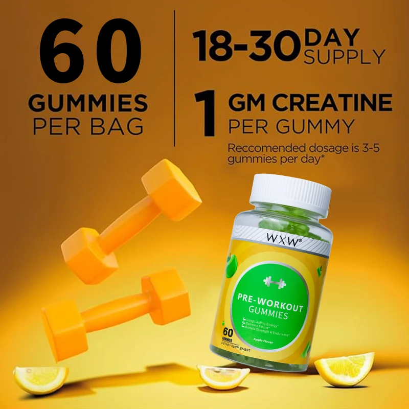 WXW Stock Pre-Workout Gummies Energy Boosting Gummy Workout Supplement Gummies Boosts Strength & Endurance