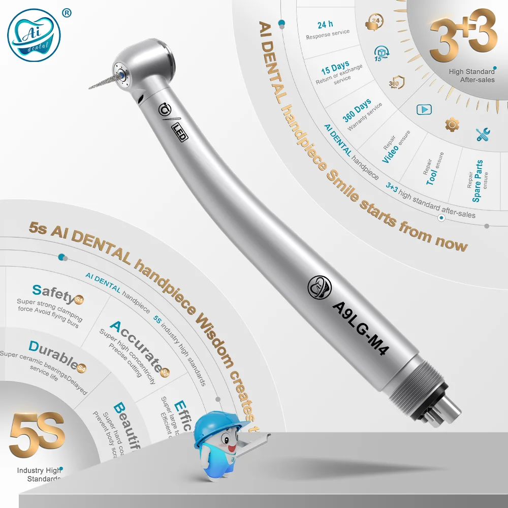 AI DENTAL AiKO Series A9LG-M4 Self-generator LED Dental Air Turbine High Speed Handpiece Ceramic Bearing for 4 Hole Dental Chair