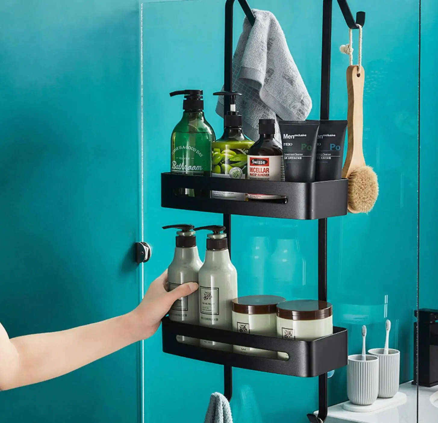 Shower rack Hanging black shower rack bathroom bathtub storage rack with hook and basket
