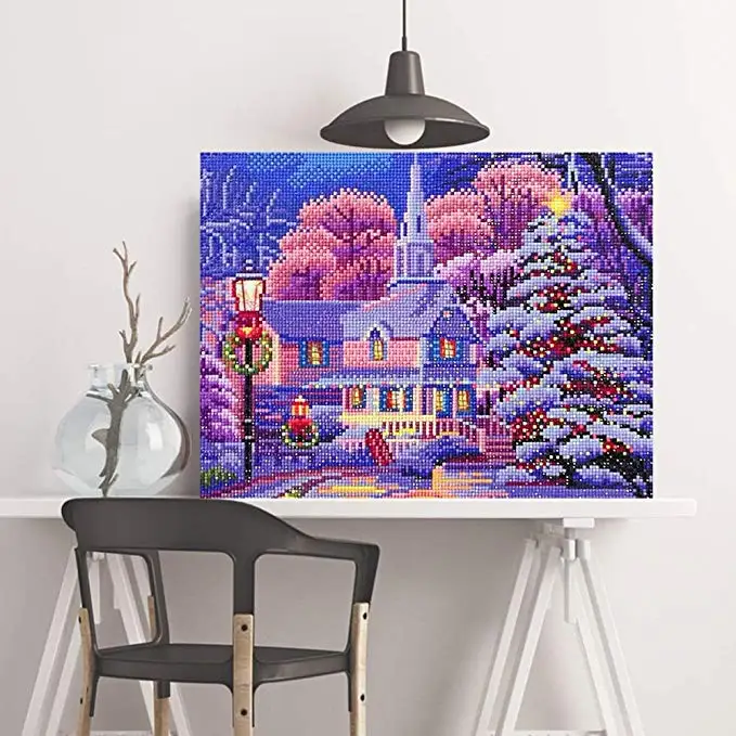 Round beads Drill 40x50cm Glow in Dark Church in Snow  Landscape LED Light Diamond Painting  with frame