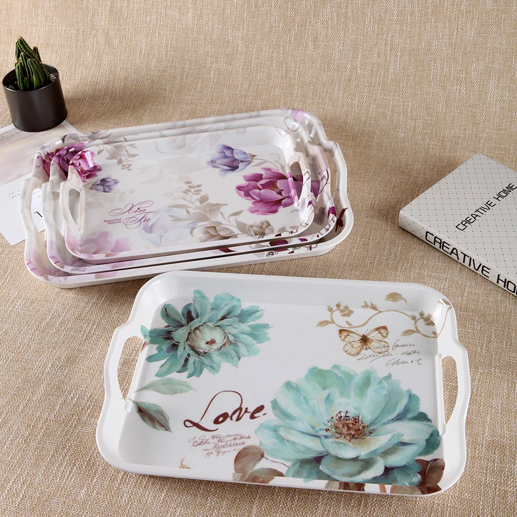 Custom cheap rectangle flower printing melamine wholesale Chinese dinner plates trays dishes for restaurant hotel and home