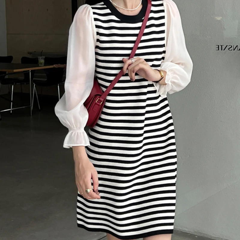 2022 F/W Ladies New Casual Chiffon Dresses Women Lady Elegant Patchwork Contrast Stripe Knit Loose Mid Length One-Piece Dress
