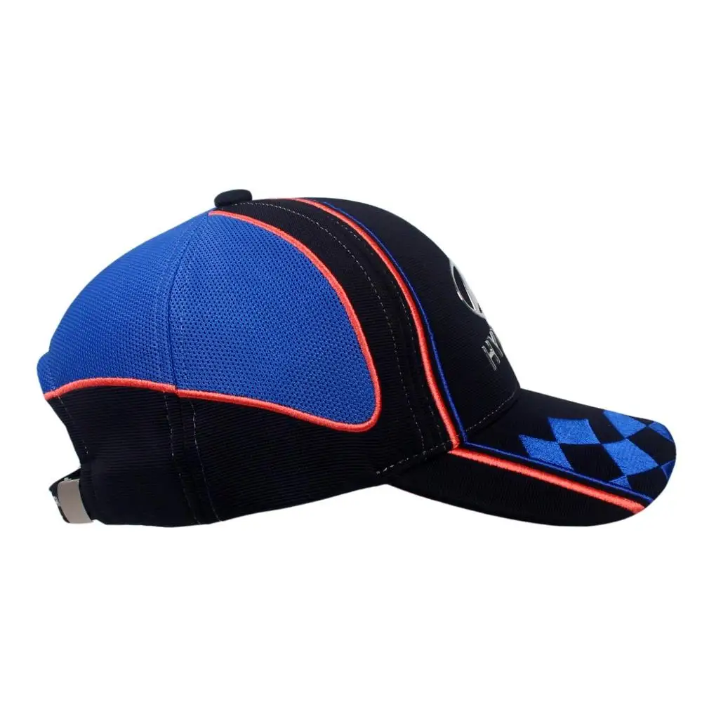 
High Frequency logo Car Brand Cap Spandex Ottoman Fabric with Mesh Embroidery Cap and Hat, TPU logo Royal blue Sports cap 