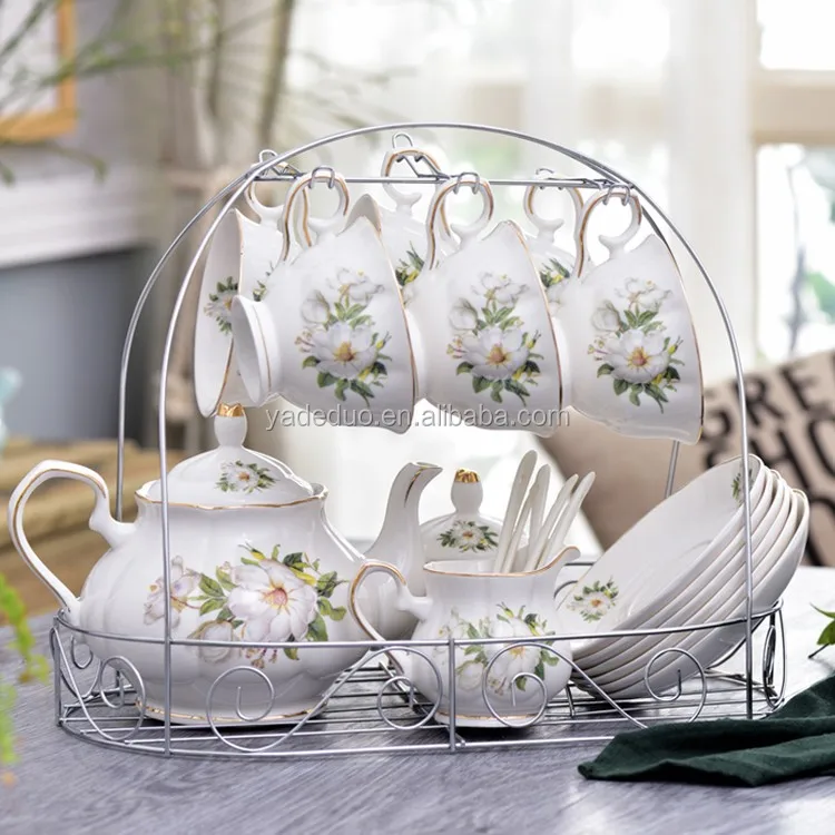 Nordic porcelain floral tea cup with teapot milk jar sugar bowl holder ceramic novel flower coffee cup saucer set