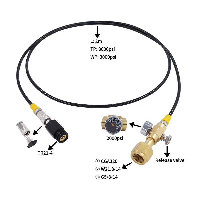 2m High Pressure Hose Adapter Filling Gas Hose with 2000psi Pressure Gauge for Soda Maker Machine
