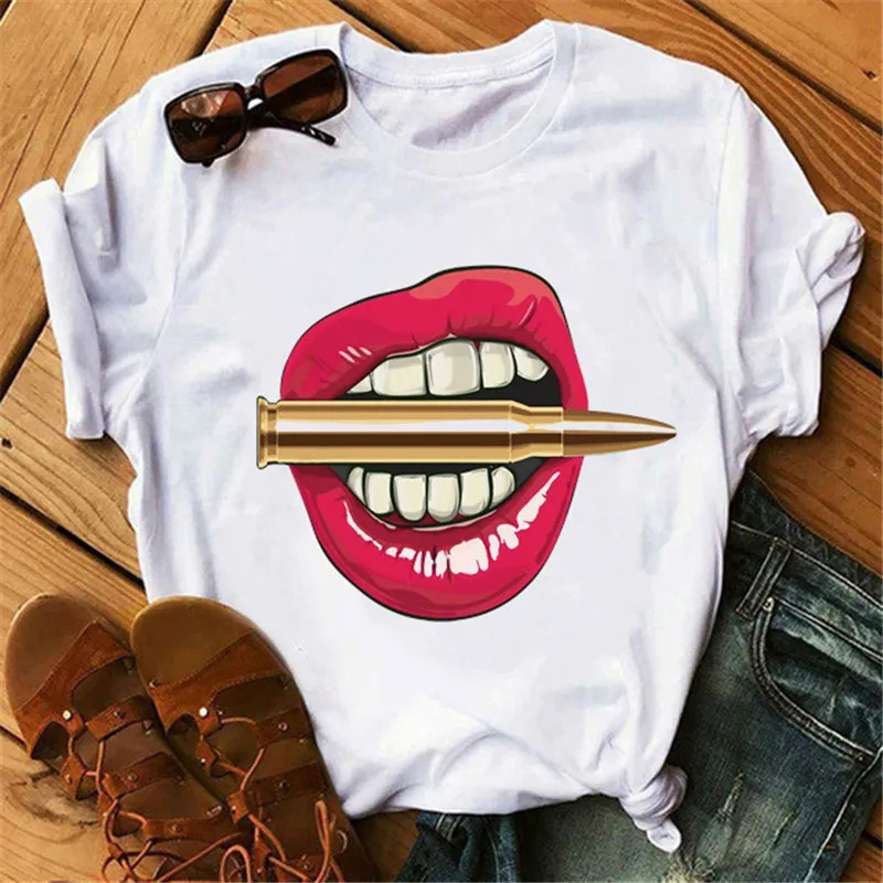  Женские топы футболки с принтом Red Mouth Lip Love базовая женская футболка круглым вырезом и коротким рукавом универсальная белая забавная для