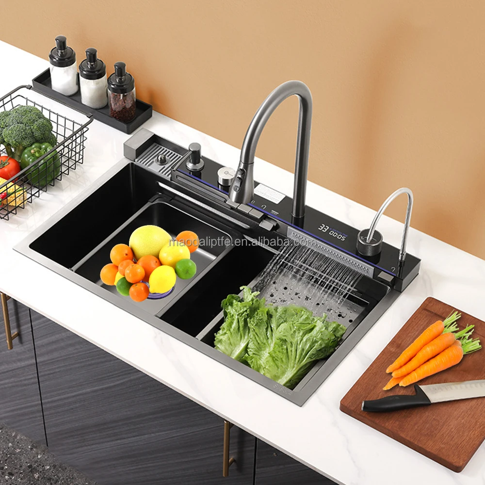 New Design Piano Switch Multifunction Stainless Steel Smart Waterfall Kitchen Sink Black Smart Sink Kitchen