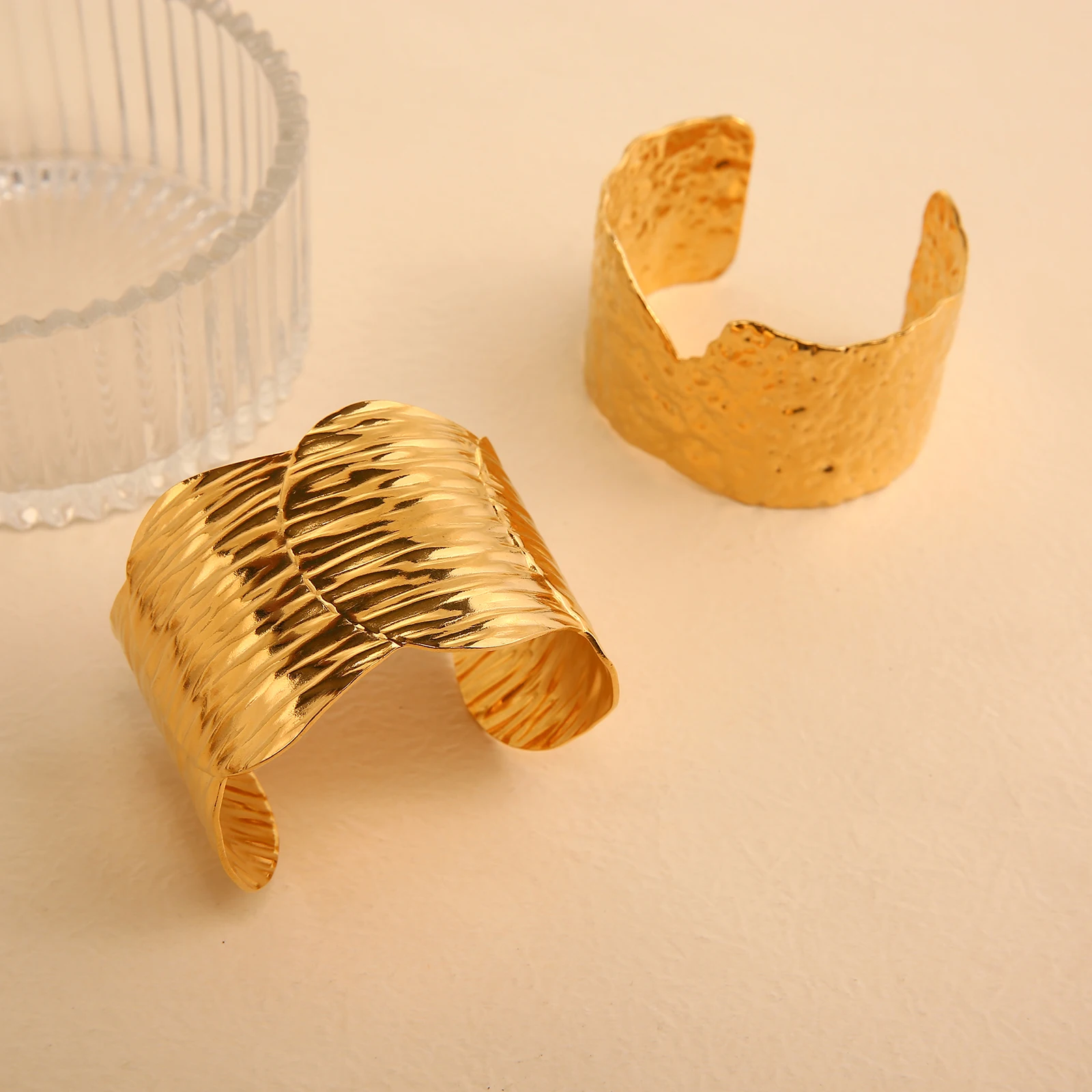 Statement French Style Wide 18k Gold Plated Cuff Bangle Non Tarnish Stainless Steel Cuff Bangle Bracelet Jewelry