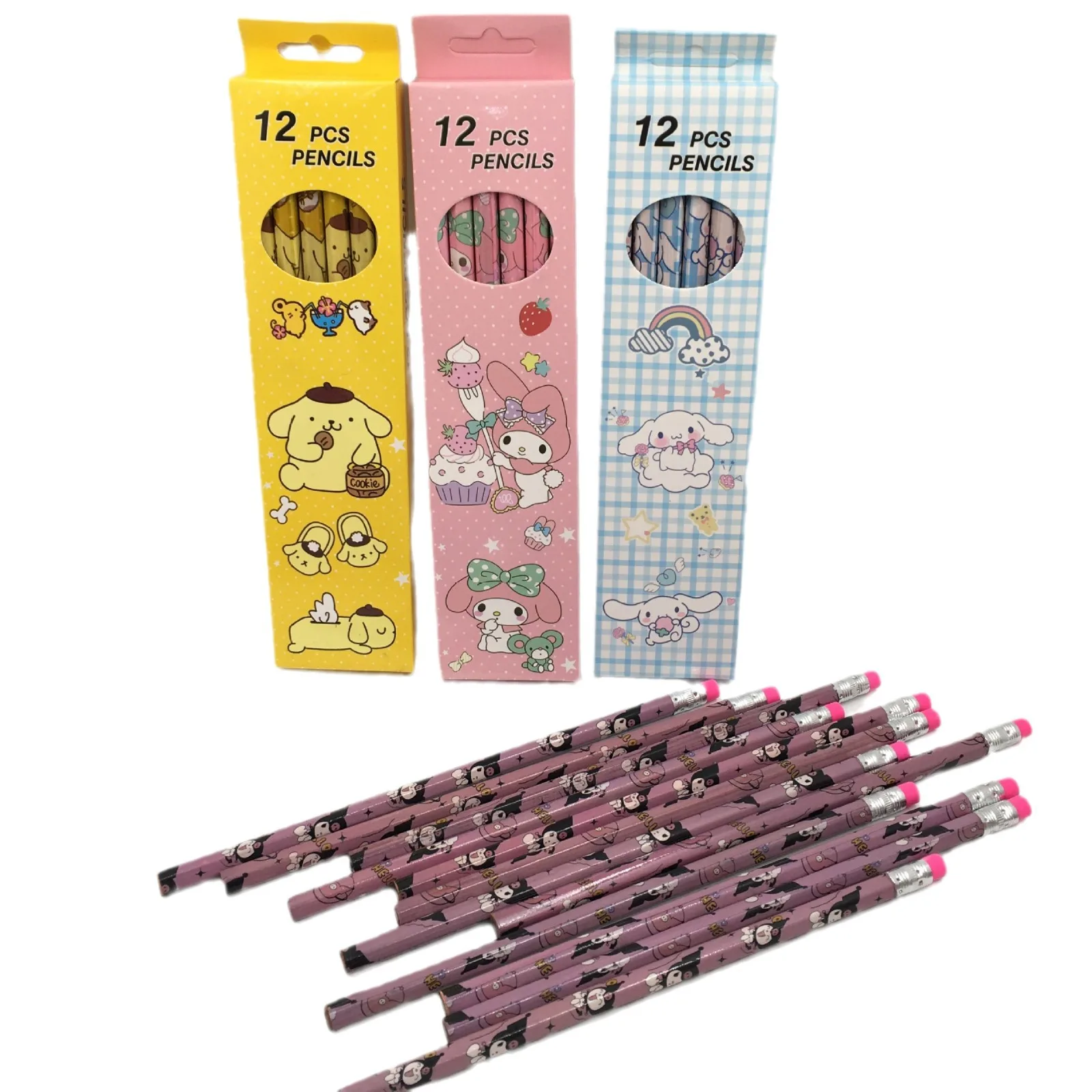 Sanrio Box HB Pencil 6-pack Kuromi Jade Pudding Dog Student Writing Exam with Rubber Pencil