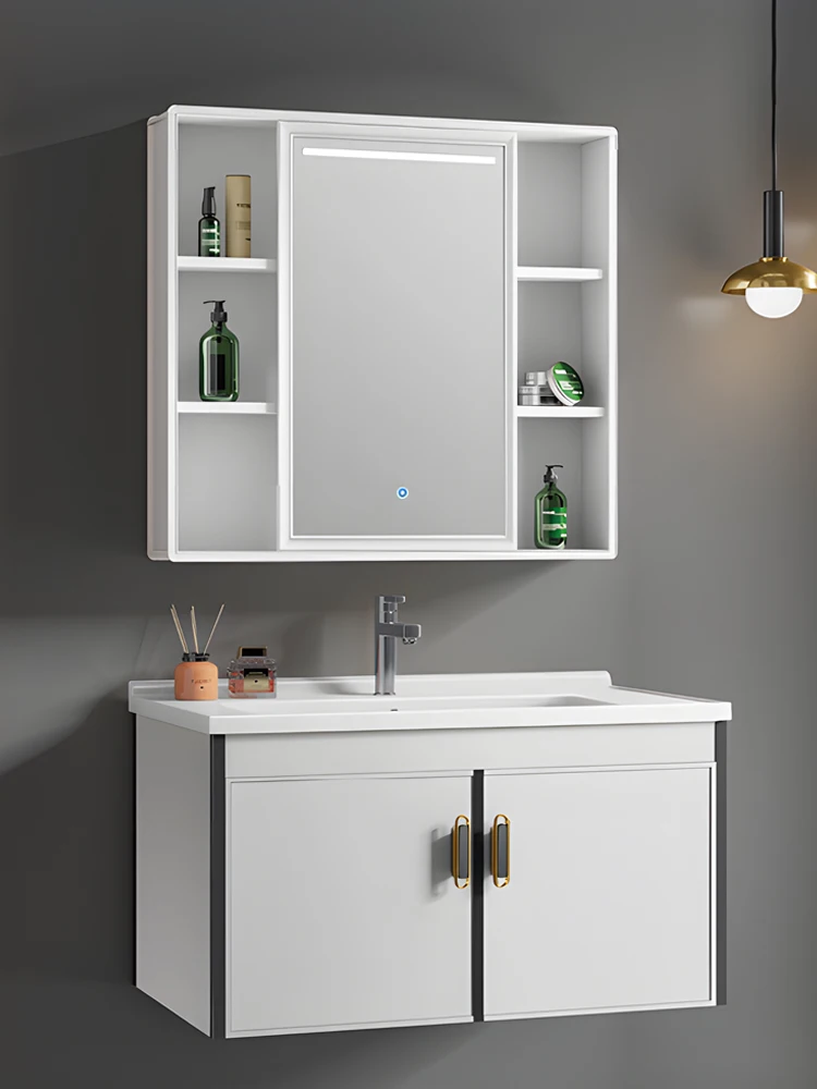 Led lighting modern design mdf floating wash basin stainless steel medicine mirror smart led bathroom cabinet vanity