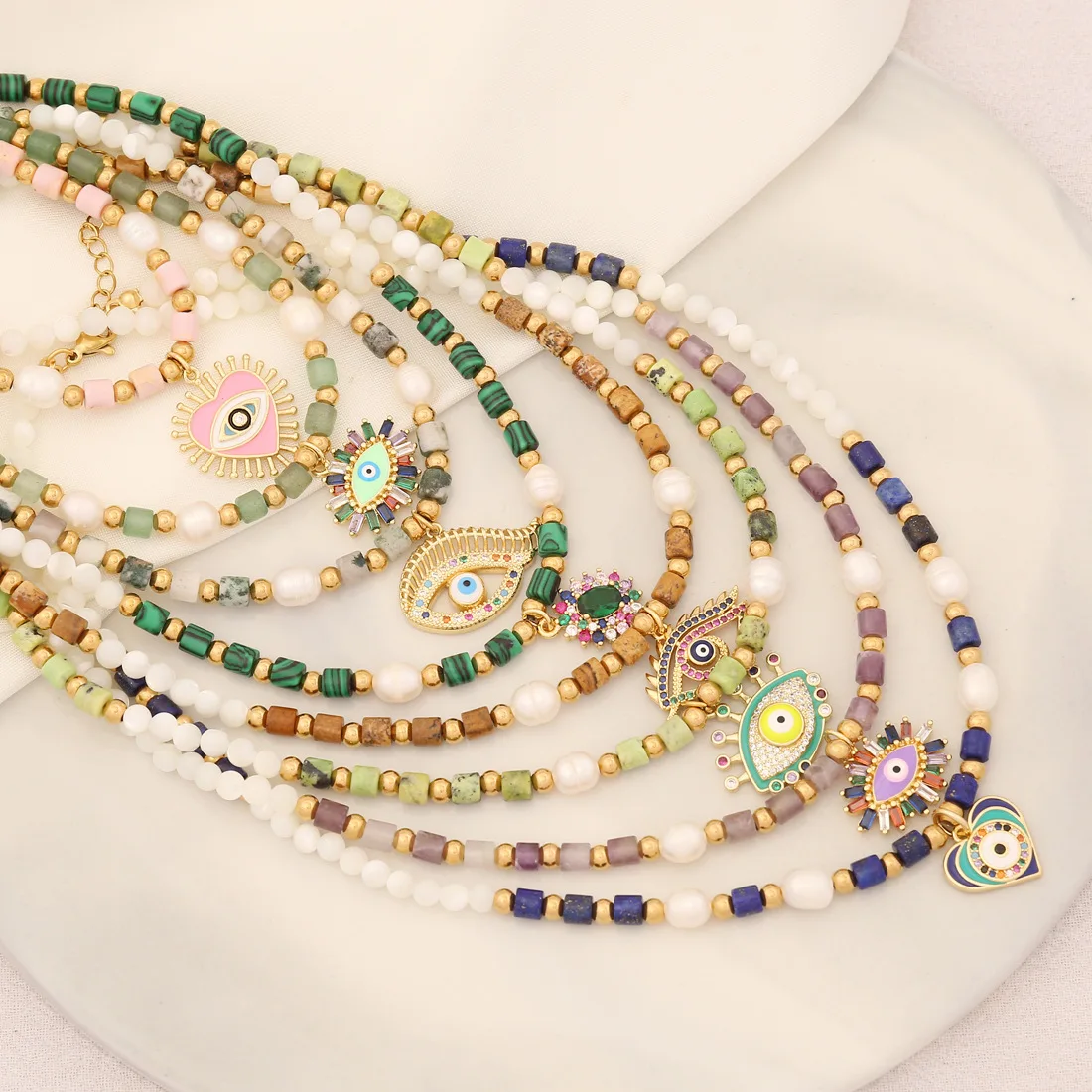 Creative Drop Oil Natural Stone Turkish Eye Necklace Colorful Stone Beaded Demon Eye Pendant Necklace for Ladies