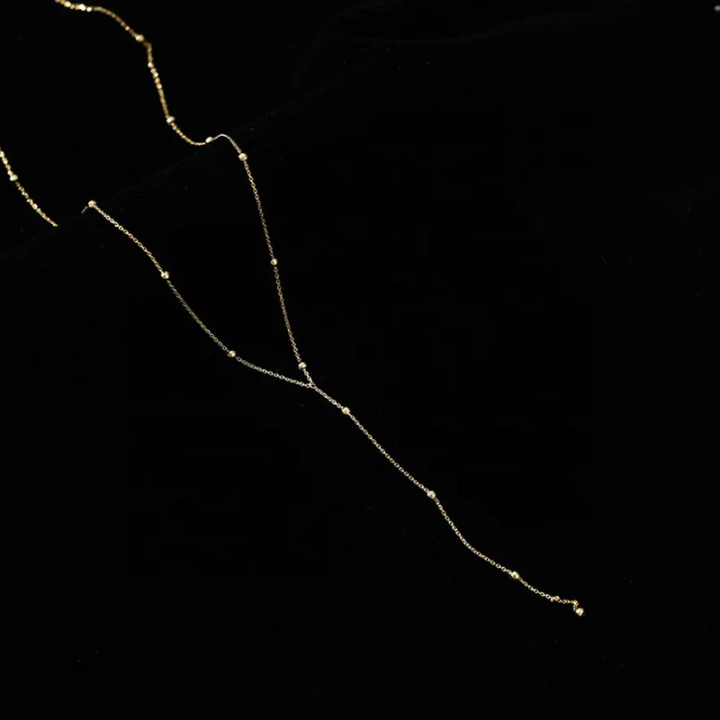 18k gold Simple round bead long chain necklace low-cut sexy cold wind collarbone chain light luxury niche design necklace