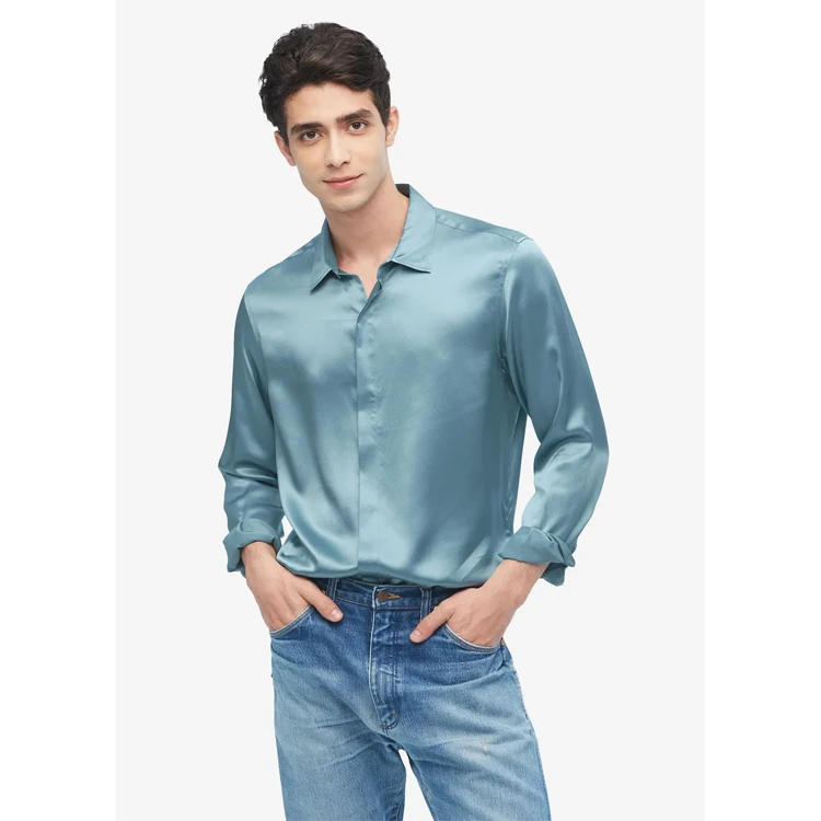 High quality luxury 100% mulberry silk shirt men custom logo business top silk shawls mens silk shirt