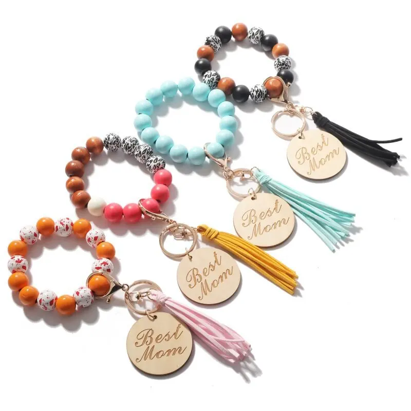 Spot Leopard Wood Bead Bracelet Elastic Rope Keychain Hand Tassel Carved Disc Bracelet Keychain