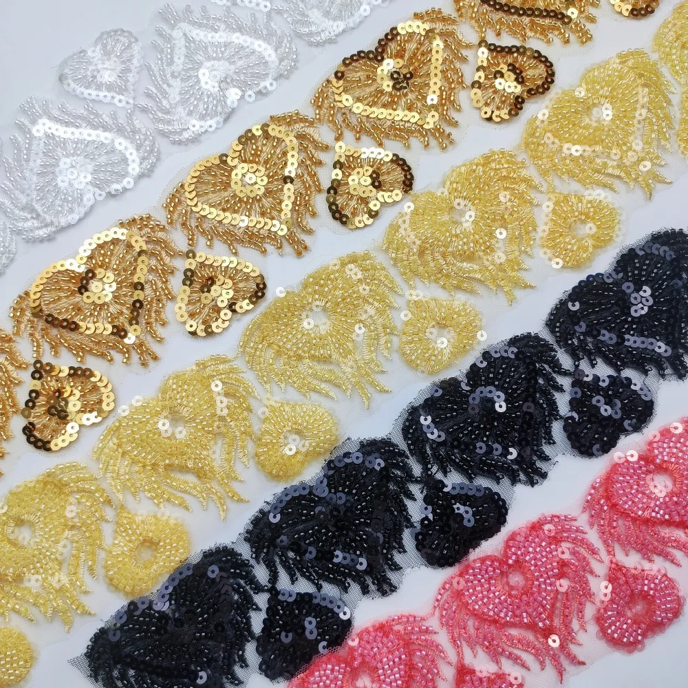 wholesale 3D custom polyester colorful embroidery heart lace trim with sequins and beads for clothes dress DIY decoration DZ19