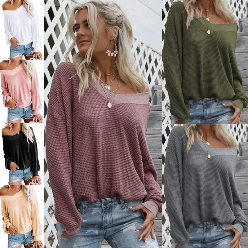 
Inclined Shoulder T-shirt Designs Irregular Women Knit Tops 2021 Autumn Streetwear Female Clothing Long Sleeve Blouse Plus Size 